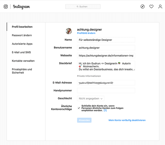 Instagram für Designer, Achtung Designer, Schritt2 – Profil einrichten